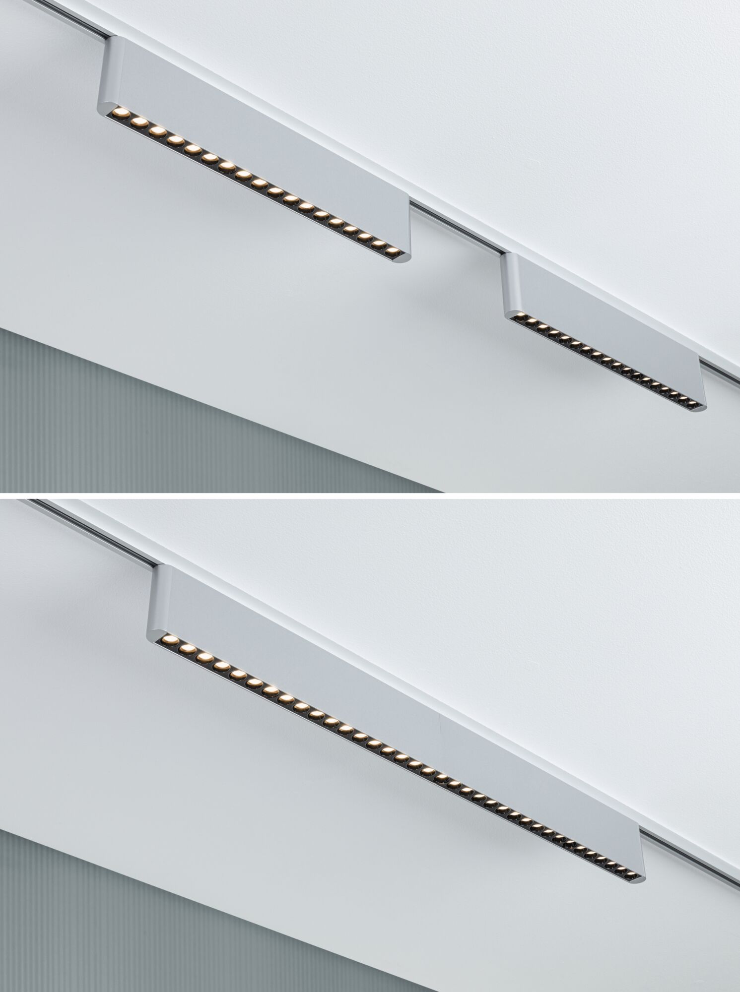 Modern grey aluminium LED track light with warm white illumination for living spaces