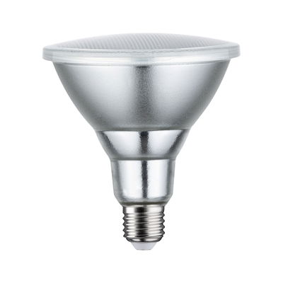 Silberne LED-Lampe mit E27-Sockel aus Metall und Kunststoff für energiesparende Beleuchtung