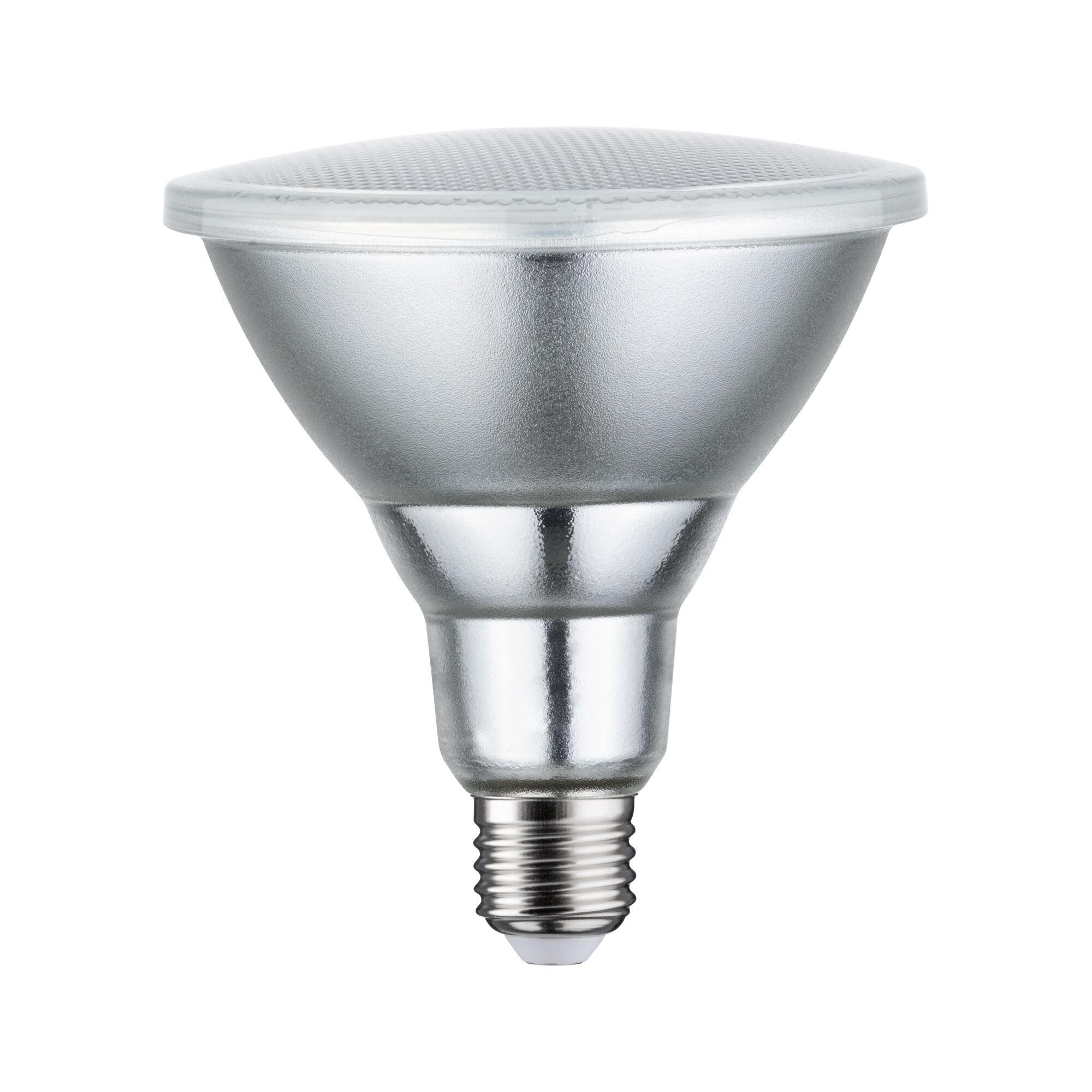 Silver LED bulb with E27 base made of metal and plastic for energy-efficient lighting