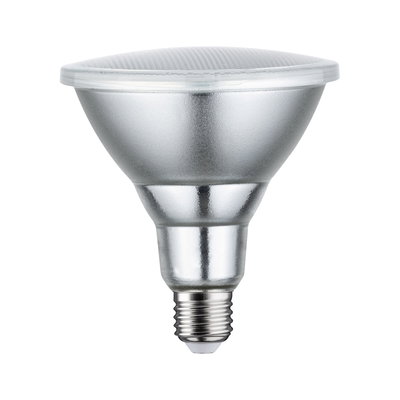 Silberne LED-Lampe mit E27-Sockel aus Metall und Kunststoff für energiesparende Beleuchtung