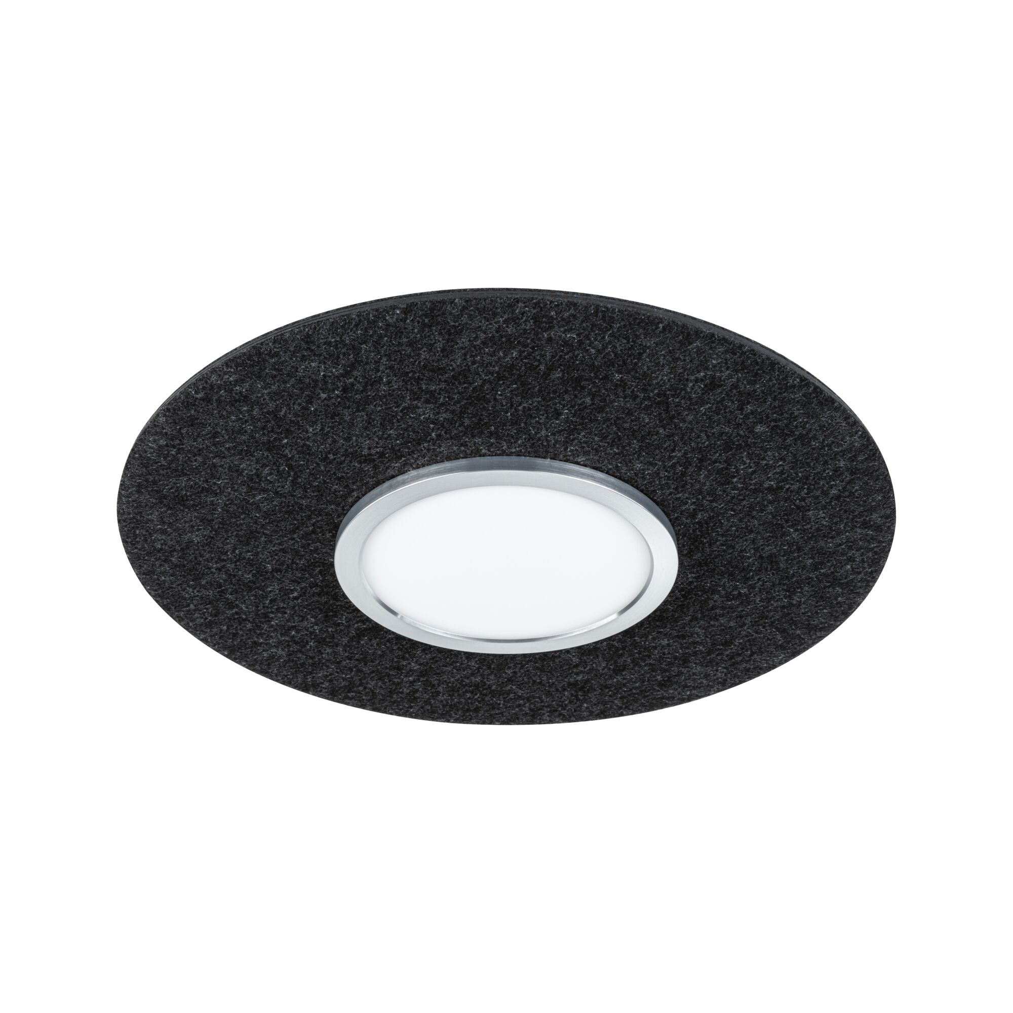 Round LED recessed light with black felt trim and white diffuser for modern interior lighting