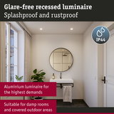 Glare-free white aluminium recessed luminaire, splashproof and rustproof, perfect for damp rooms and covered outdoor areas.