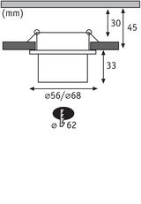 Technische Zeichnung mit Maßen in mm eines Einbaustrahler-Lochschnitts mit 56/68 mm Durchmesser.