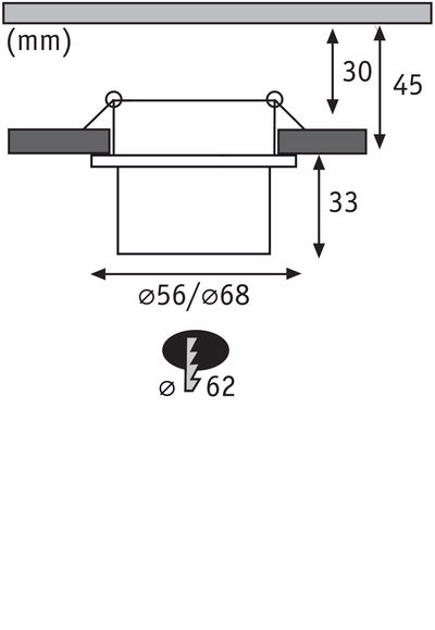 Schéma technique indiquant les dimensions de découpe pour spot encastré de 56/68 mm de diamètre.