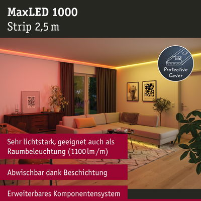 MaxLED 1000 LED-Lichtstreifen 2,5 m mit Schutzbeschichtung, warmweiße Raumbeleuchtung im Wohnzimmer