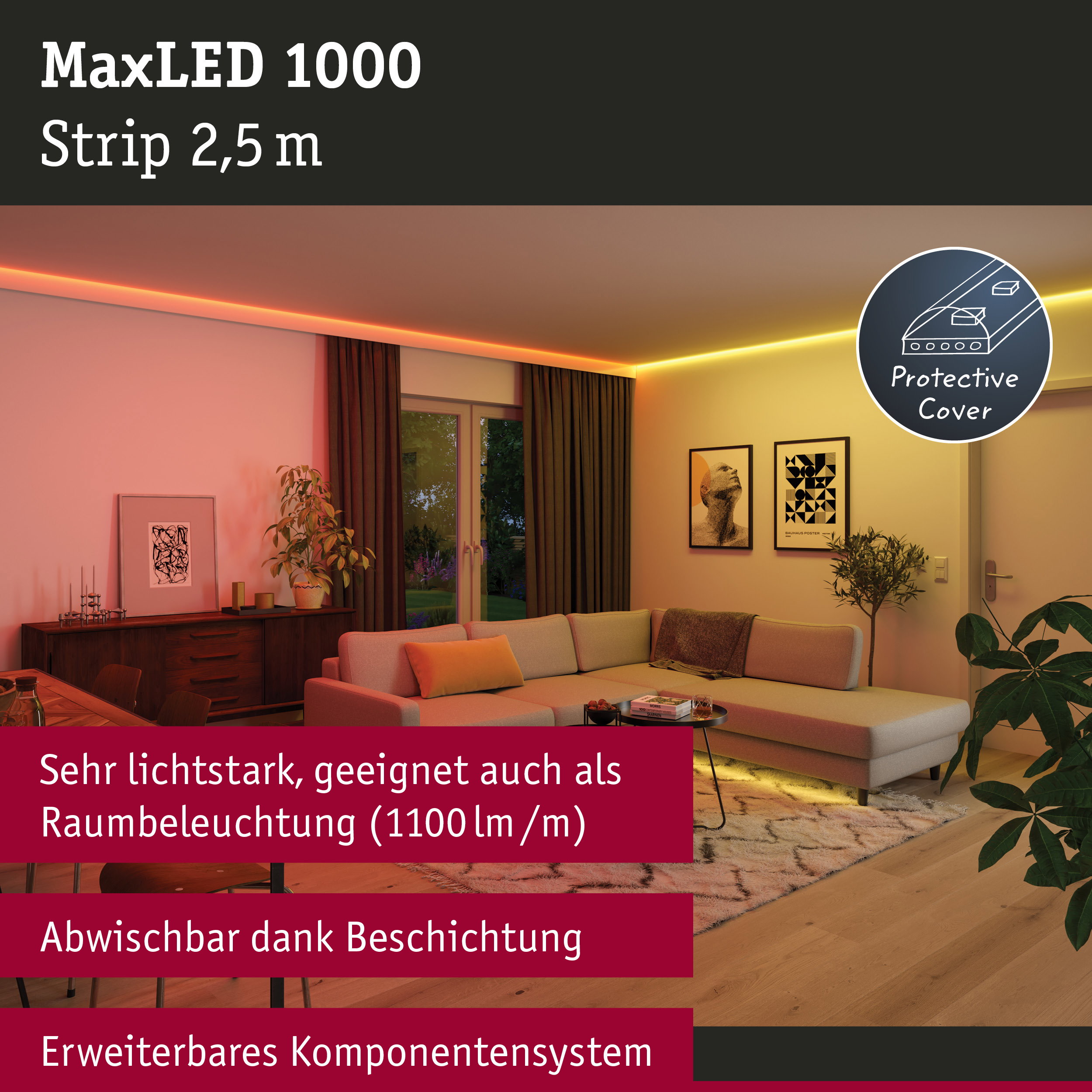 MaxLED 1000 LED-Lichtstreifen 2,5 m mit Schutzabdeckung für helle Raumbeleuchtung im Wohnzimmer