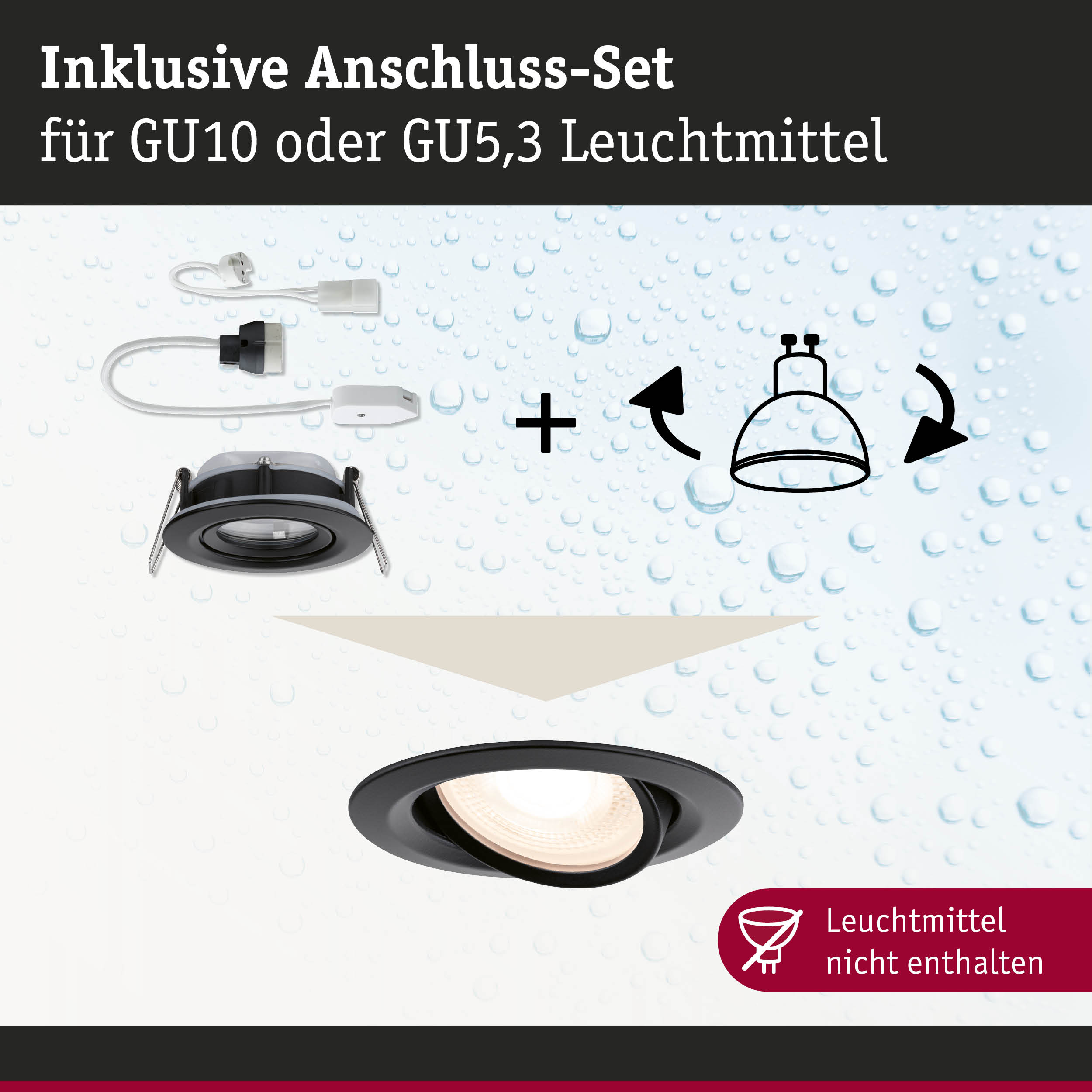 Schwarzer Einbaustrahler mit Anschluss-Set für GU10 oder GU5,3 Leuchtmittel, LED Einbauleuchte