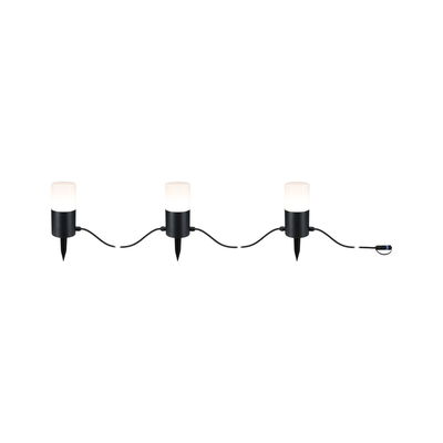 Three black LED garden lights with white shades and ground spikes connected by cables.