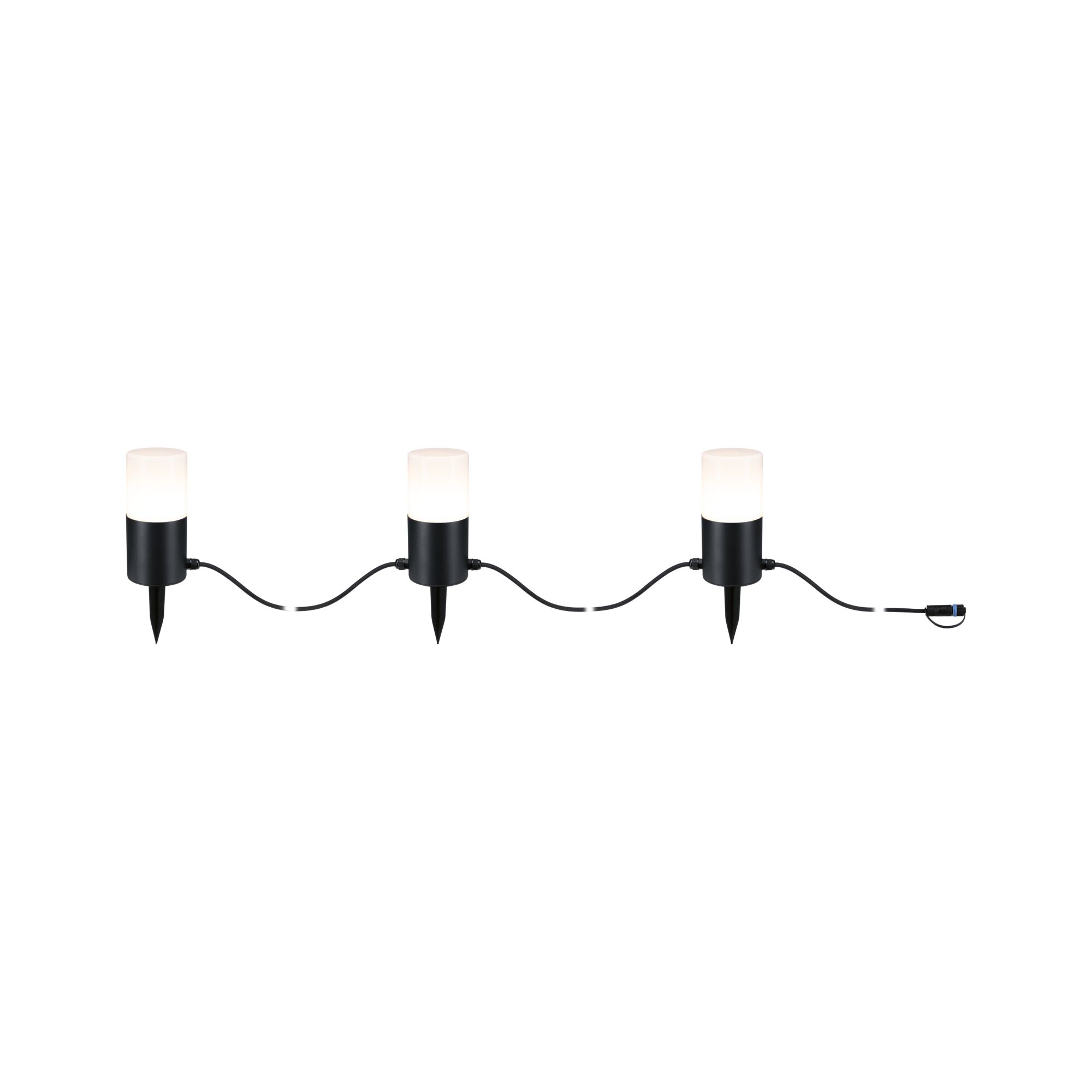 Trois lampes de jardin LED noires avec abat-jours blancs et piquets de terre reliés par câbles.