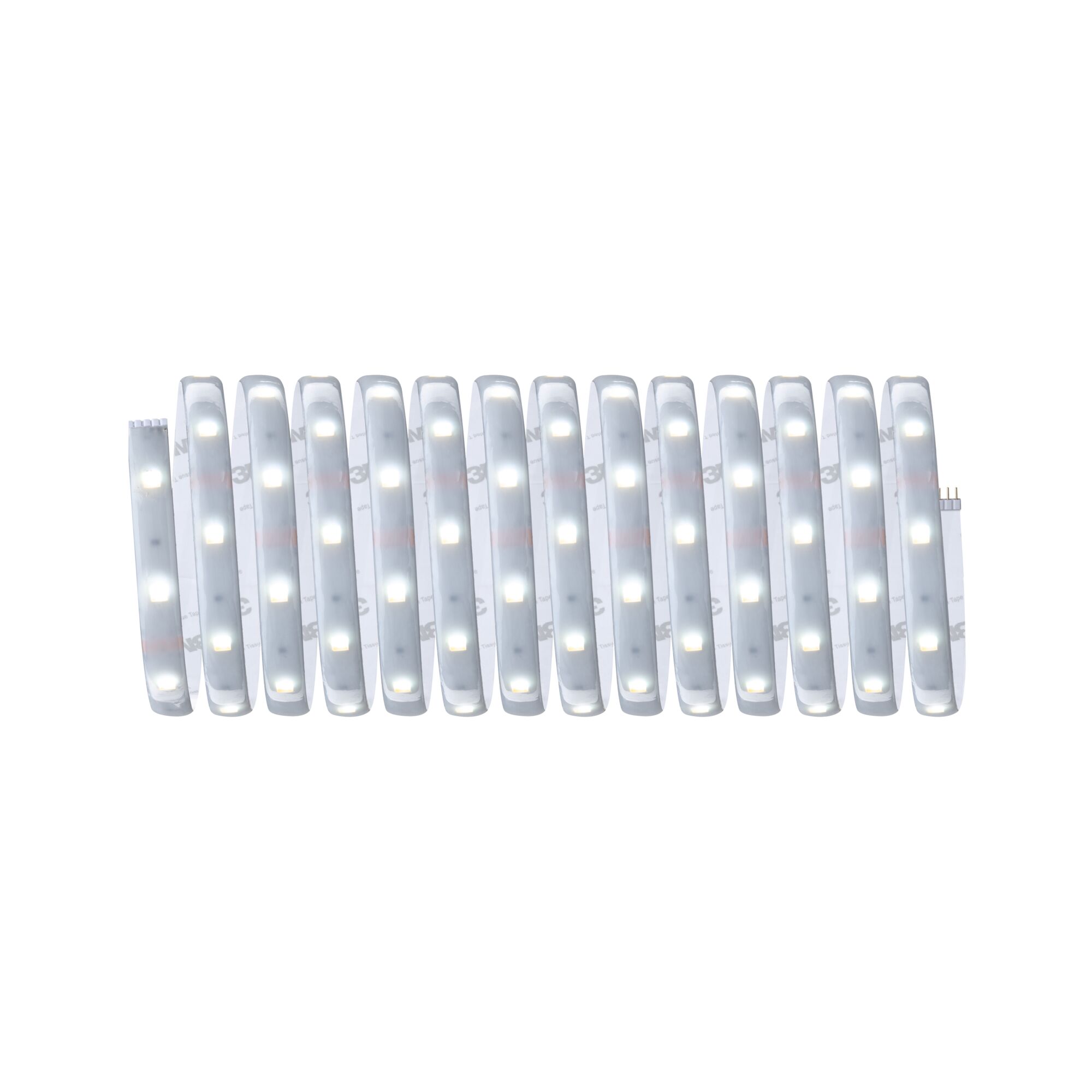 Flexibler LED-Lichtstreifen mit weißen LEDs und selbstklebender Rückseite für vielseitige Beleuchtung.