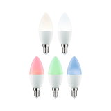 Cinq ampoules LED bougie en blanc, rouge, vert et bleu avec culot E14 pour éclairage décoratif.