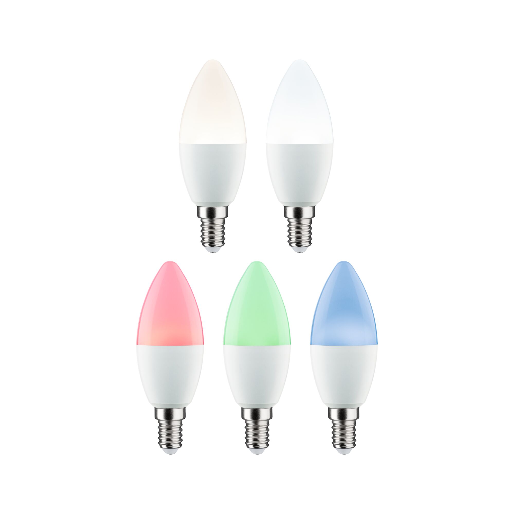 Vijf LED-kaarslampen in wit, rood, groen en blauw met E14-fitting voor decoratieve verlichting.