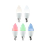 Cinq ampoules LED bougie en blanc, rouge, vert et bleu avec culot E14 pour éclairage décoratif.