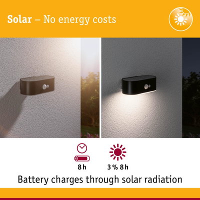 Black solar wall light with motion sensor on white wall, battery charges via solar radiation