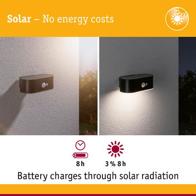 Black solar wall light with motion sensor on white wall, battery charges via solar radiation