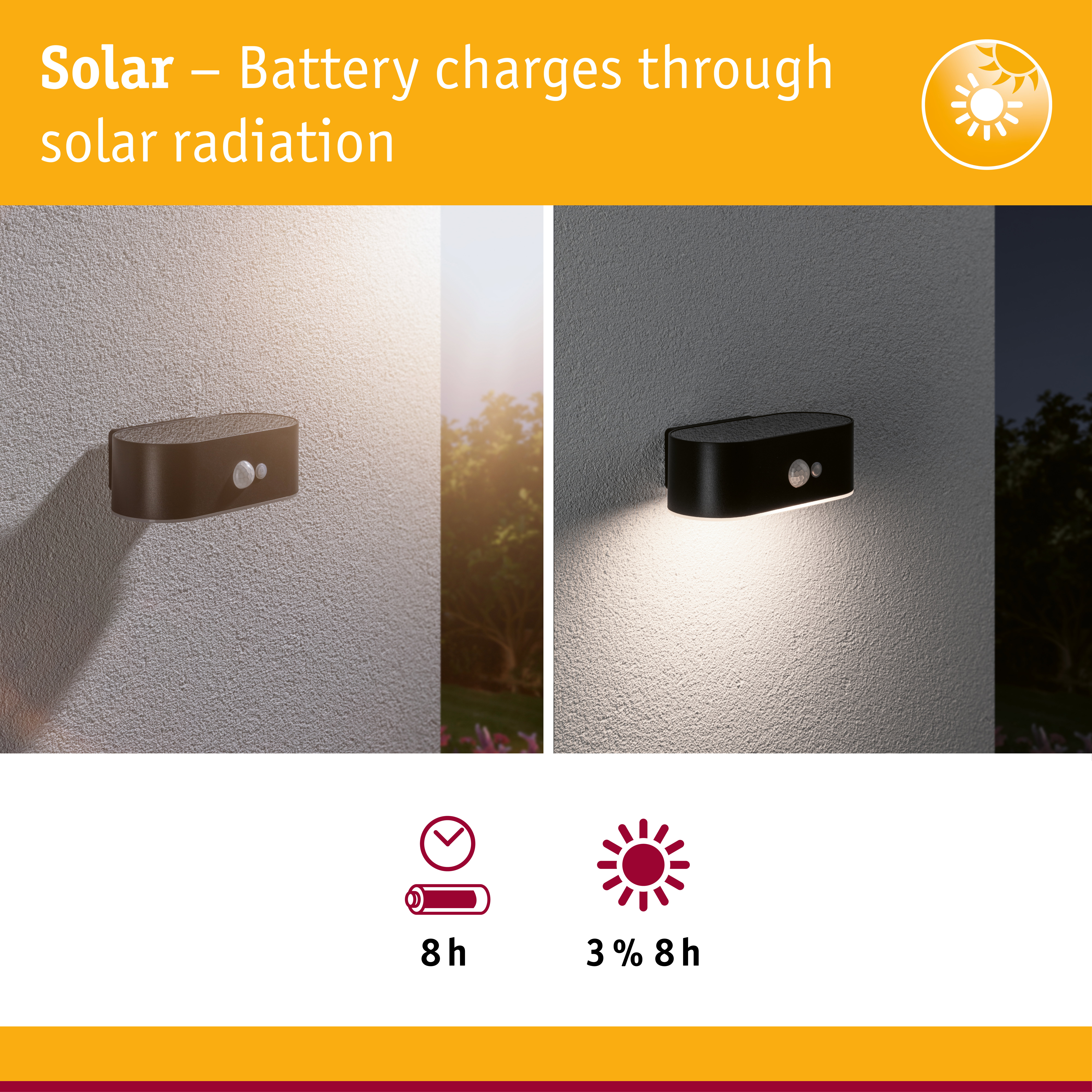 Black solar outdoor wall light with motion sensor on white wall shown in day and night