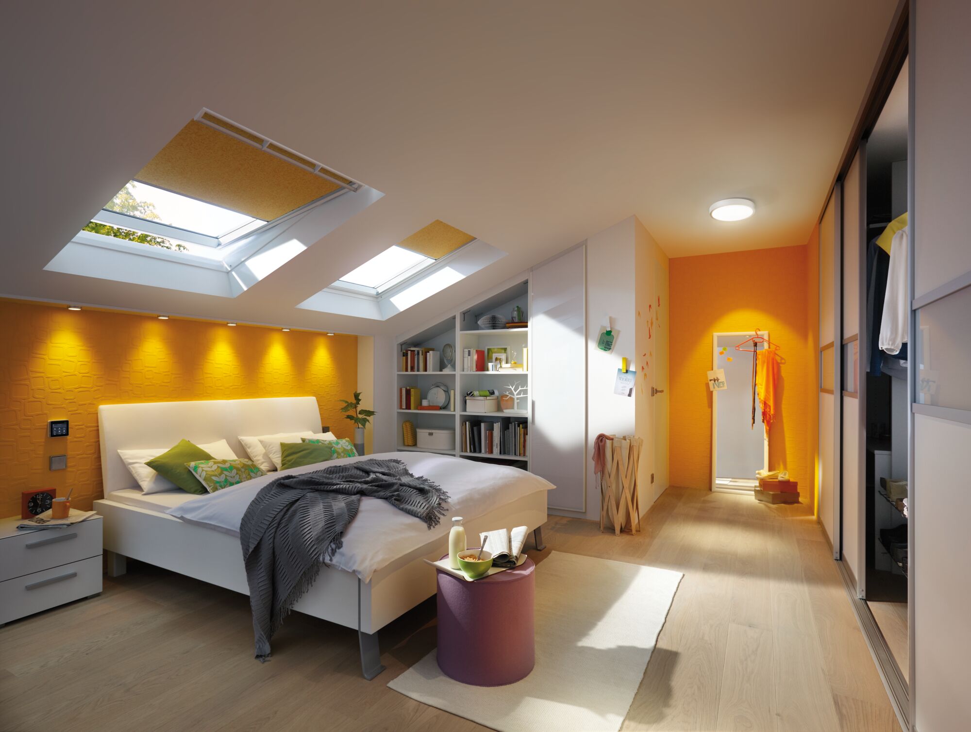 Modern bedroom with white furniture, yellow accent wall, and natural light from skylights.