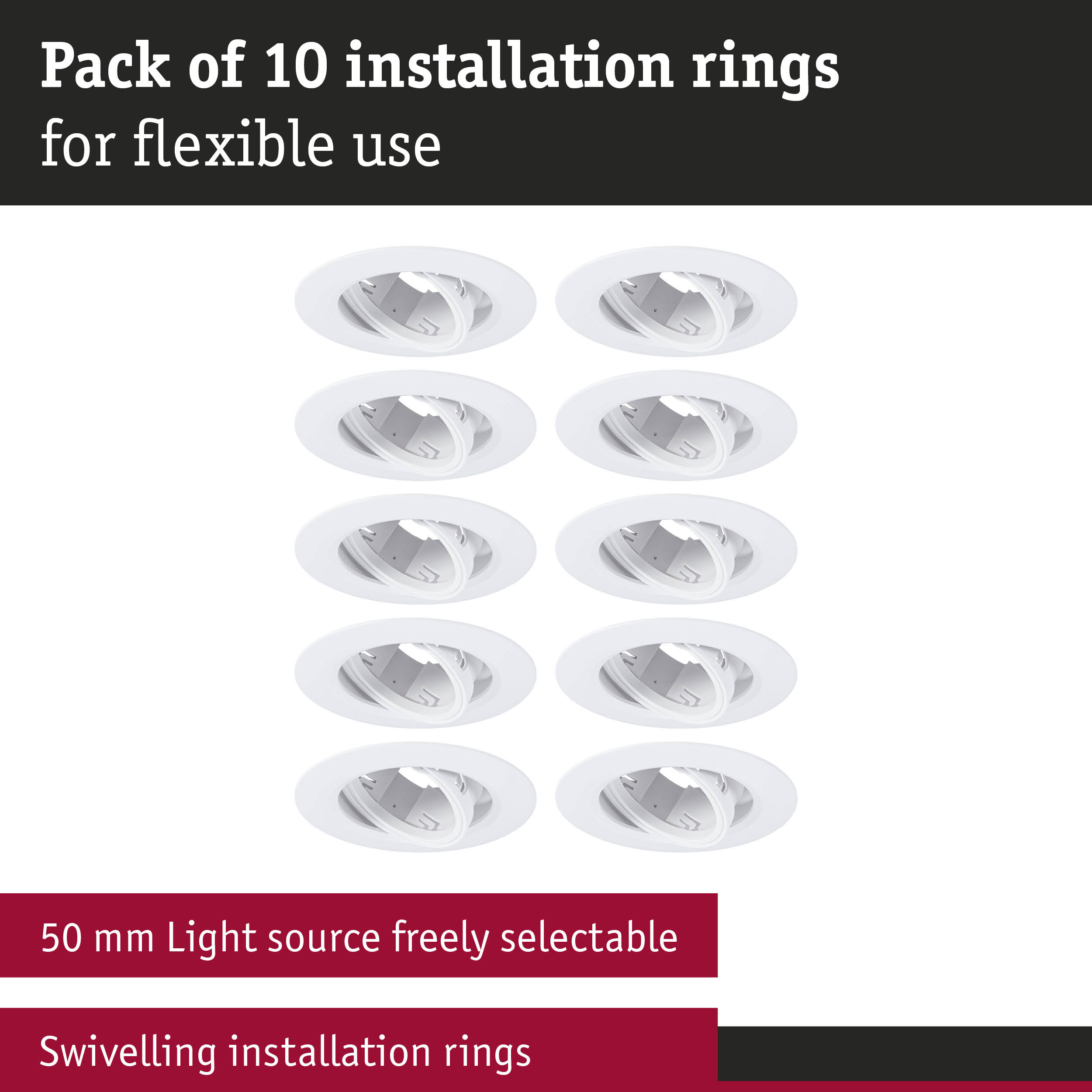 Pack of 10 white swivelling installation rings for flexible lighting setup