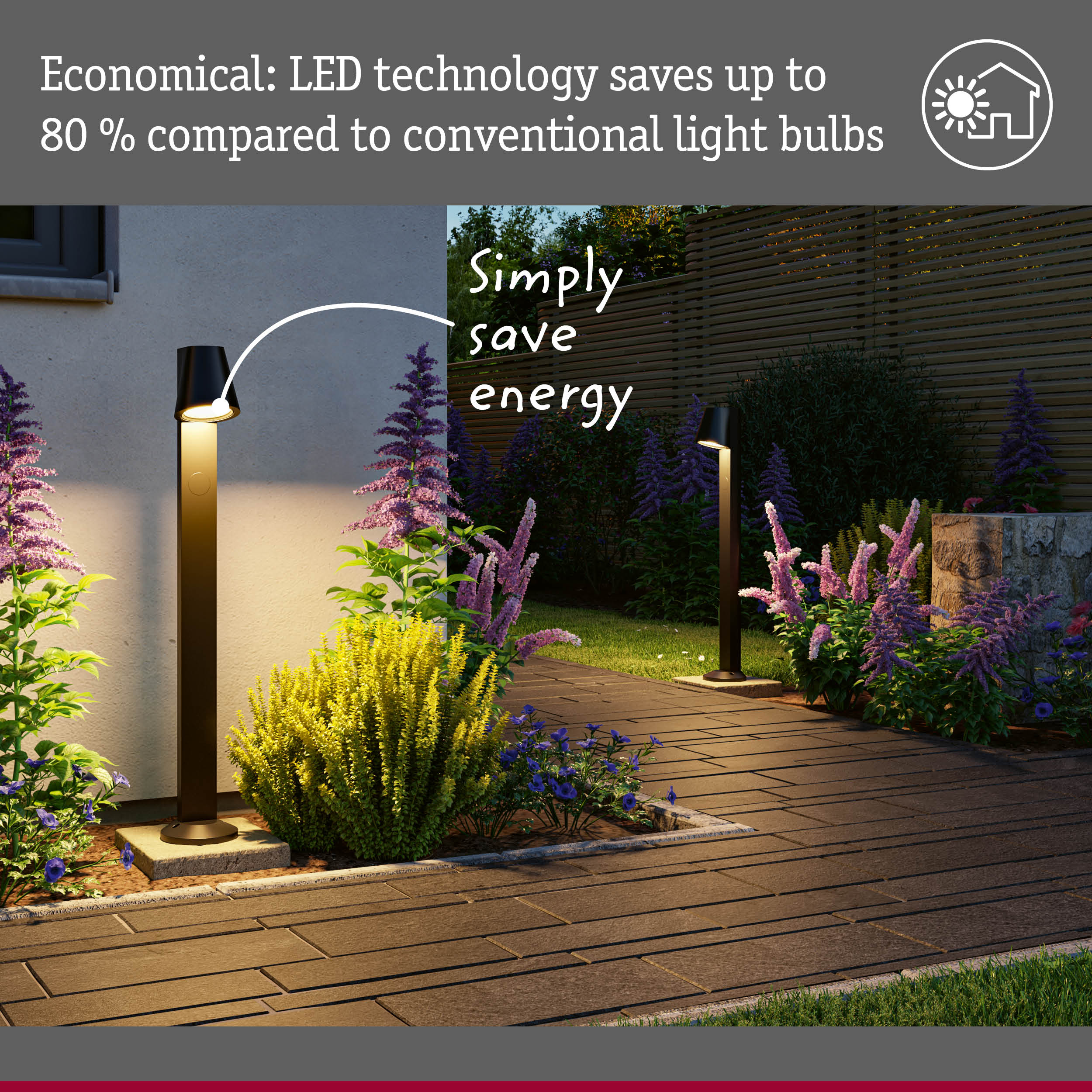 Modern black LED outdoor lights illuminate garden path with energy-saving LED technology