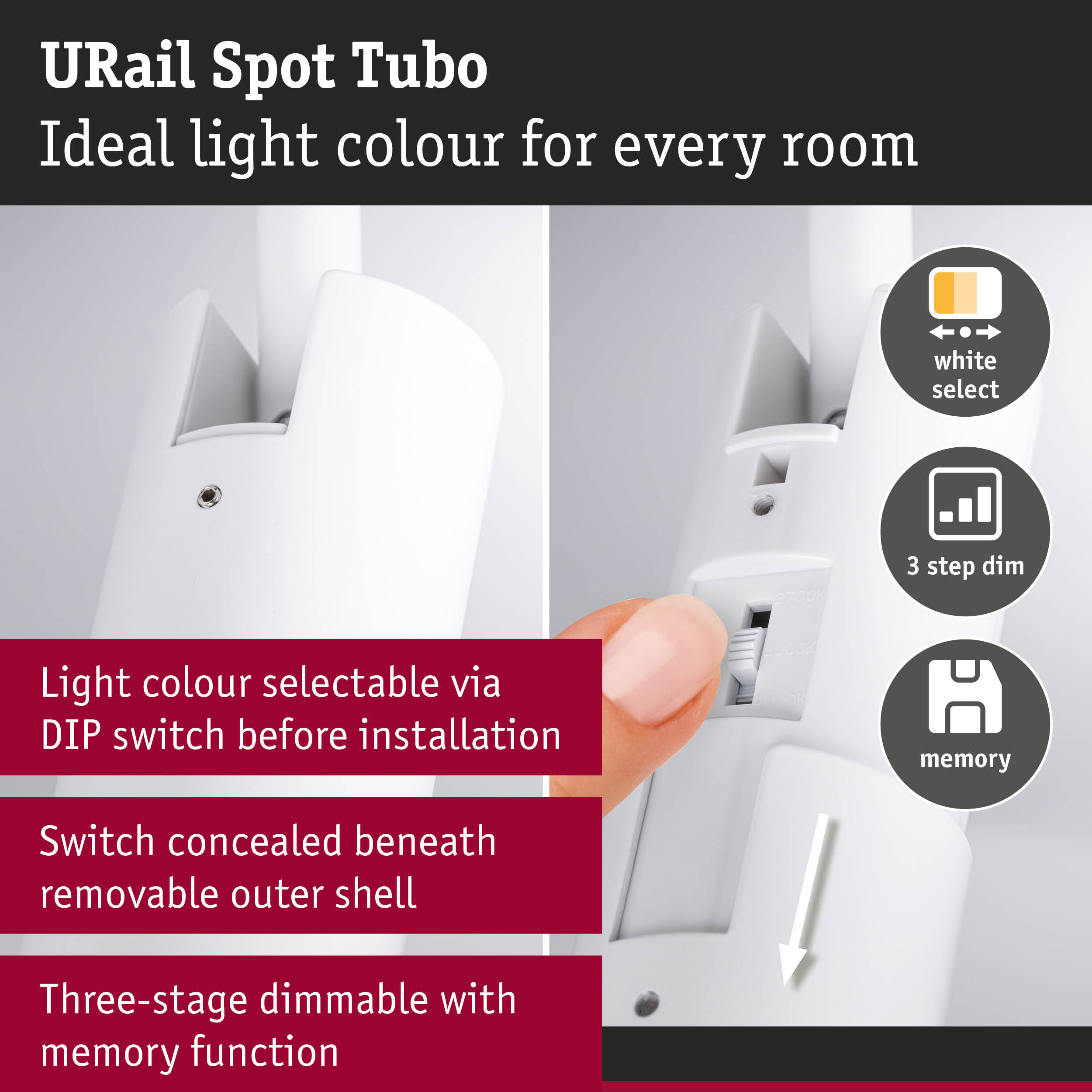 White URail Spot Tubo LED spotlight with adjustable light colour and three-step dimmable memory function