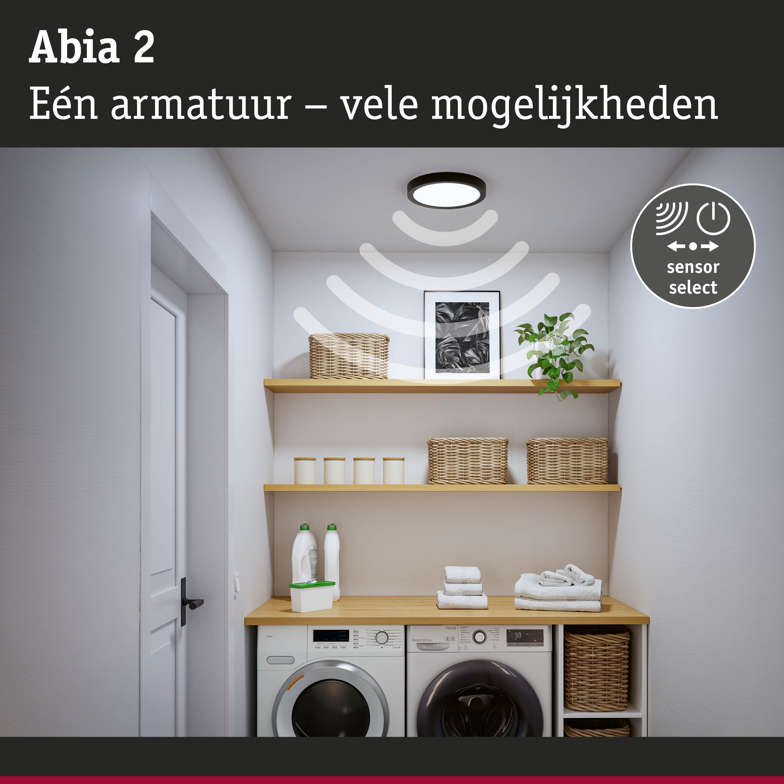 Abia 2 zwarte LED-plafondlamp met sensor voor veelzijdige verlichting in de wasruimte
