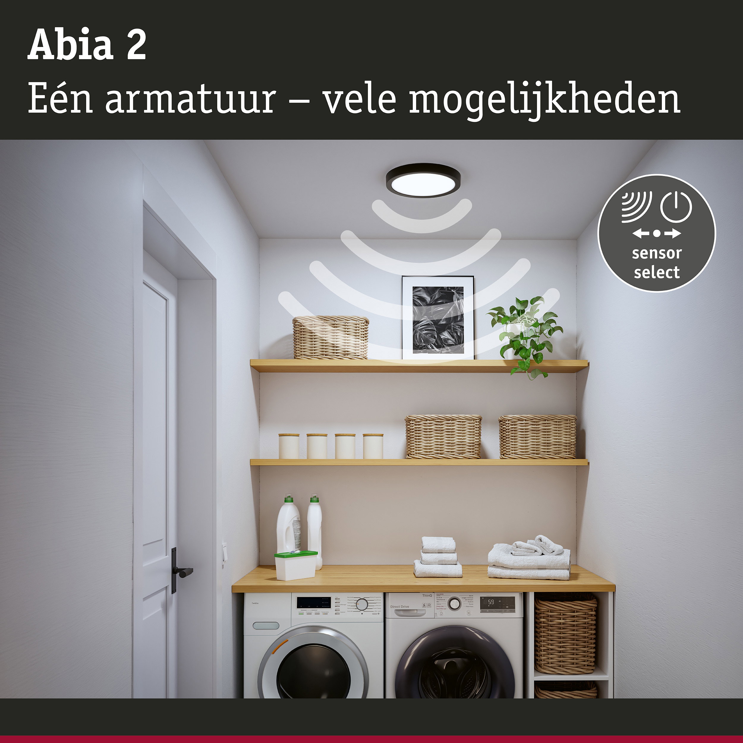 Abia 2 zwarte LED-plafondlamp met sensor voor veelzijdige verlichting in de wasruimte