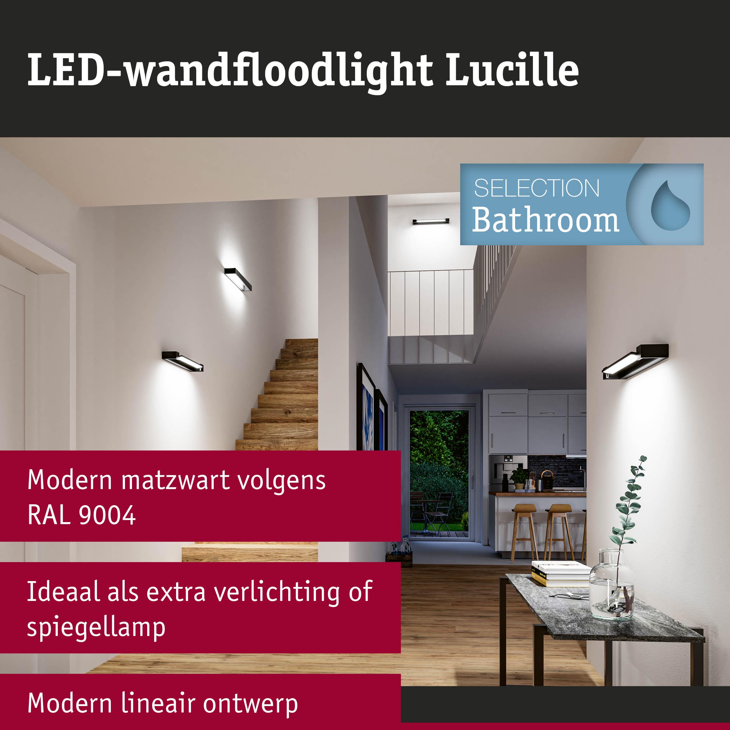 Moderne matzwarte LED-wandfloodlight Lucille volgens RAL 9004, ideaal voor badkamerverlichting