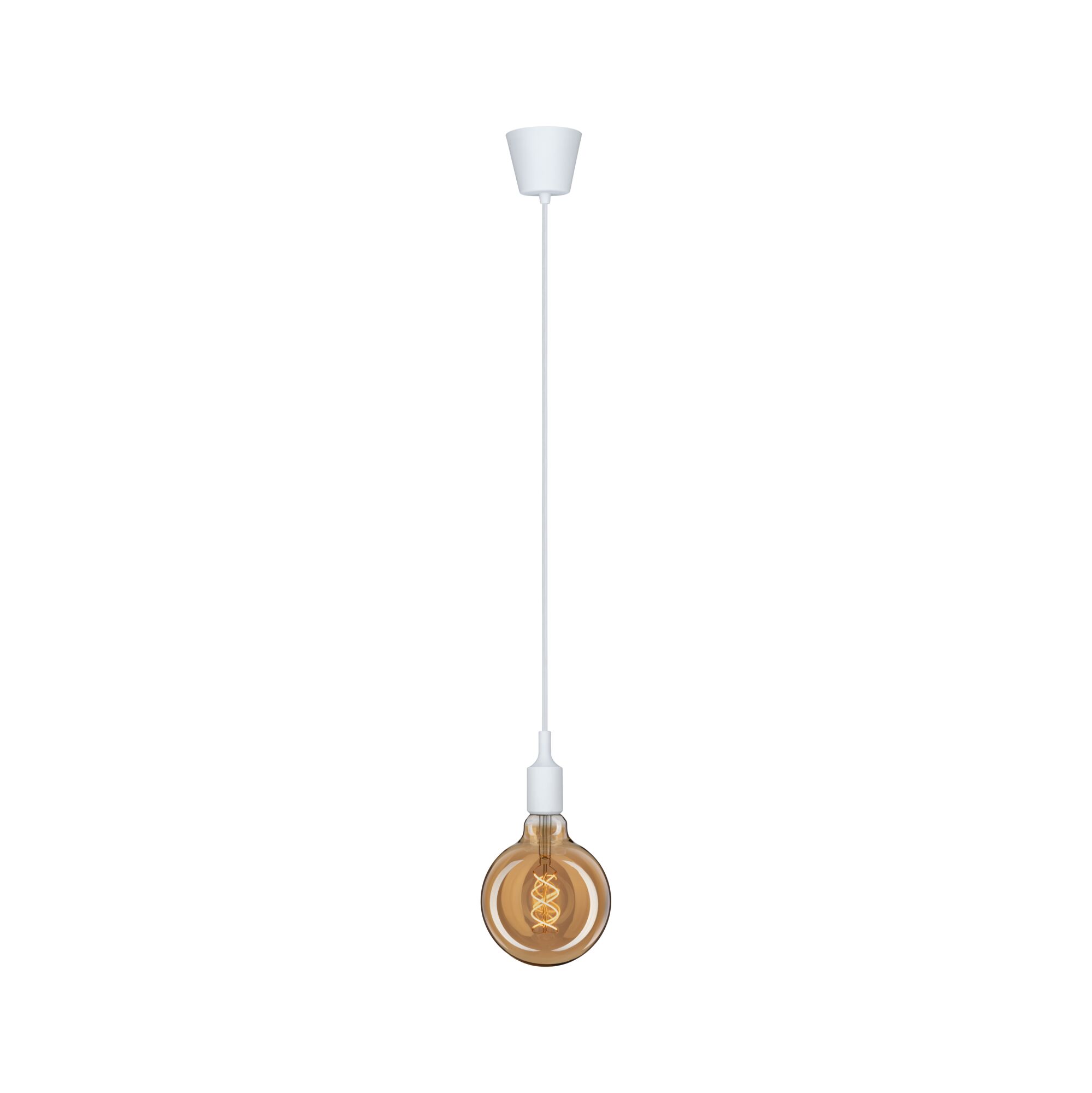 Hanglamp met witte kabel en amberkleurige lamp voor sfeervolle woonverlichting