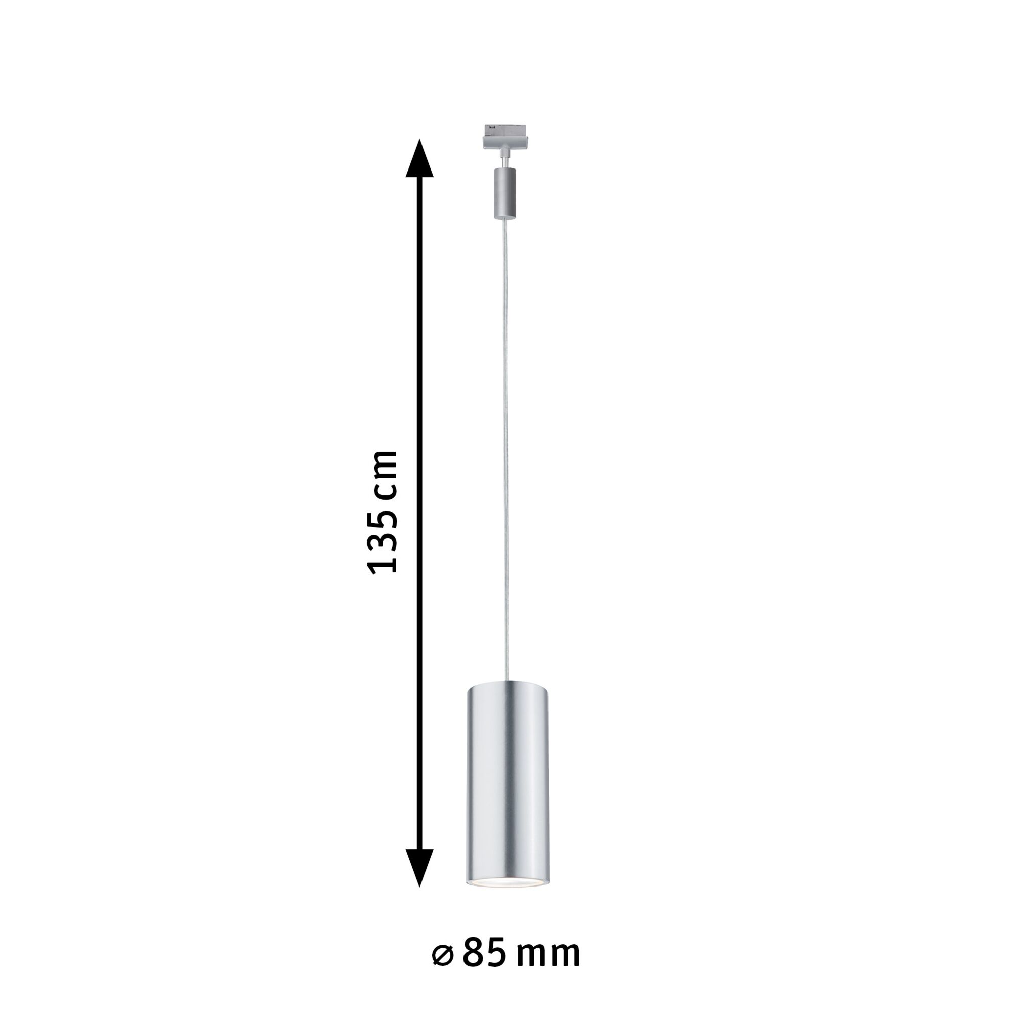 Zilveren metalen LED-hanglamp van 135 cm lang en 85 mm diameter voor moderne verlichting