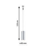 Zilveren metalen LED-hanglamp van 135 cm lang en 85 mm diameter voor moderne verlichting