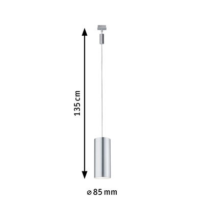 Zilveren metalen LED-hanglamp van 135 cm lang en 85 mm diameter voor moderne verlichting