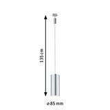 Zilveren metalen LED-hanglamp van 135 cm lang en 85 mm diameter voor moderne verlichting
