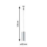 Silberne LED-Pendelleuchte aus Metall mit 135 cm Länge und 85 mm Durchmesser für moderne Beleuchtung