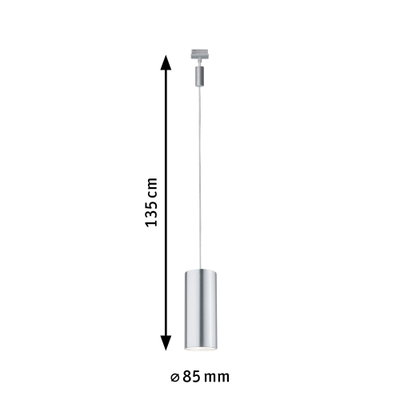 Silberne LED-Pendelleuchte aus Metall mit 135 cm Länge und 85 mm Durchmesser für moderne Beleuchtung