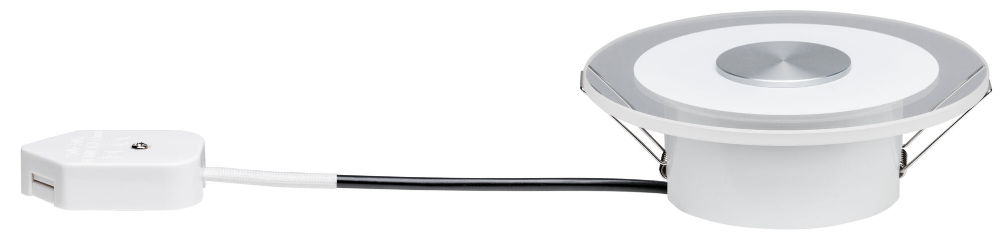 Runde weiße LED-Einbauleuchte mit silbernem Mittelteil und Anschlusskabel für moderne Raumbeleuchtung