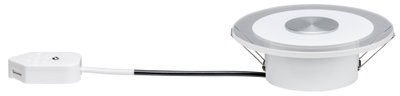 Runde weiße LED-Einbauleuchte mit silbernem Mittelteil und Anschlusskabel für moderne Raumbeleuchtung
