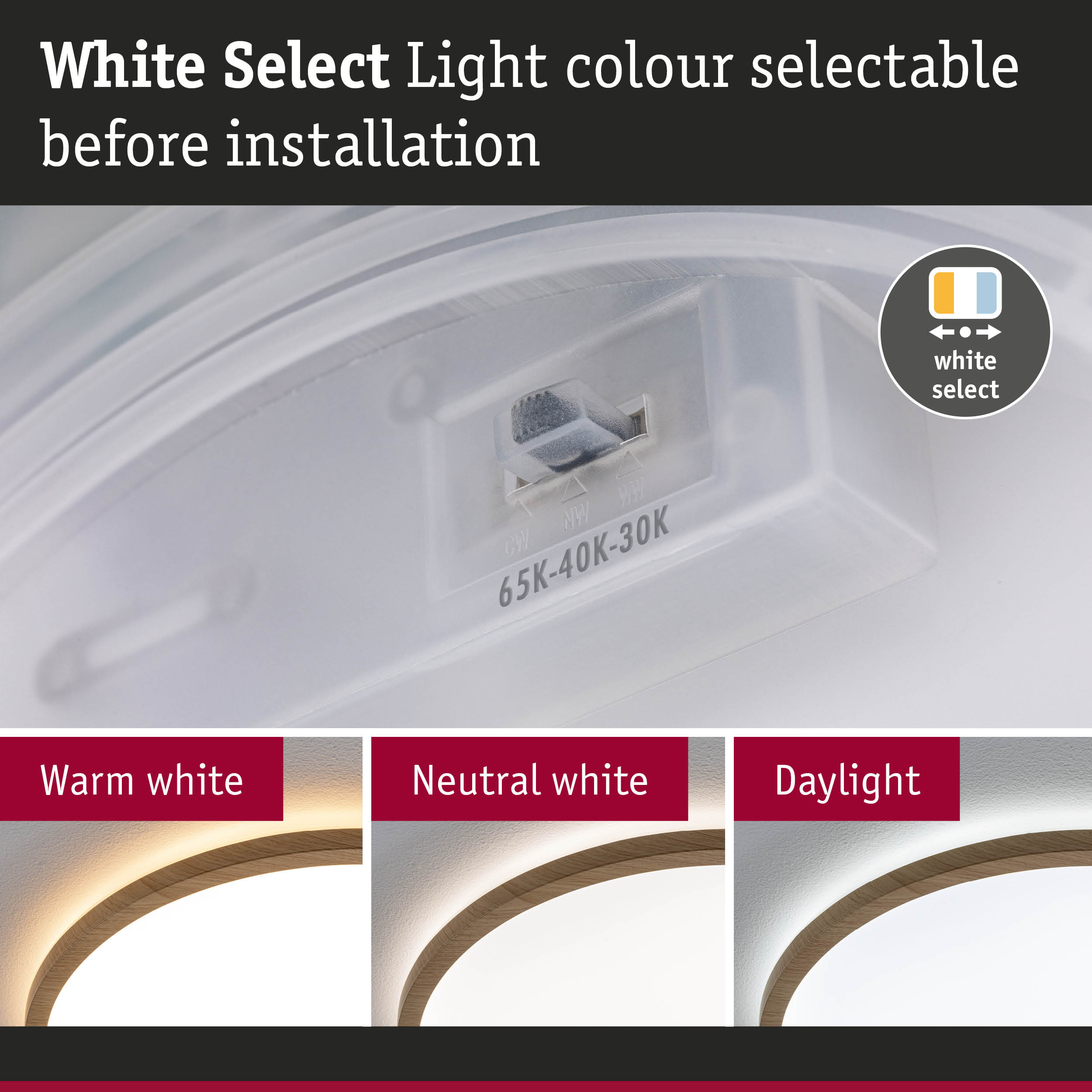 White plastic light colour selector with options for warm white, neutral white, and daylight white