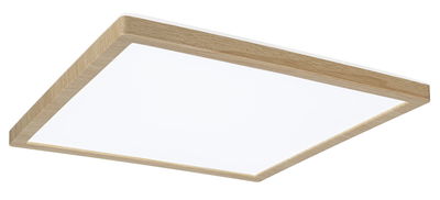 Vierkante plafondlamp met natuurlijk eikenhouten frame en witte diffuser voor woonruimtes