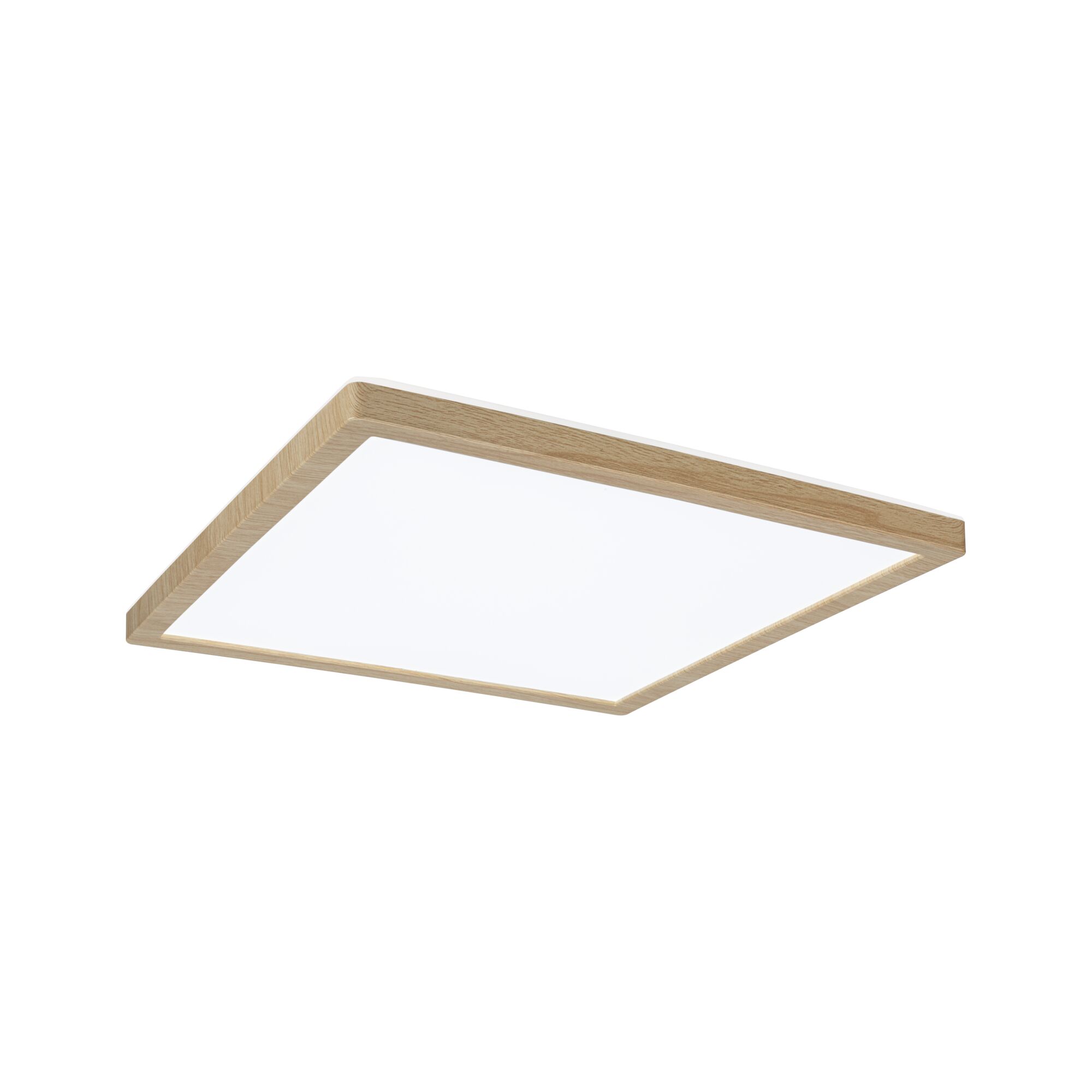 Square ceiling light with natural oak wood frame and white diffuser for modern interiors