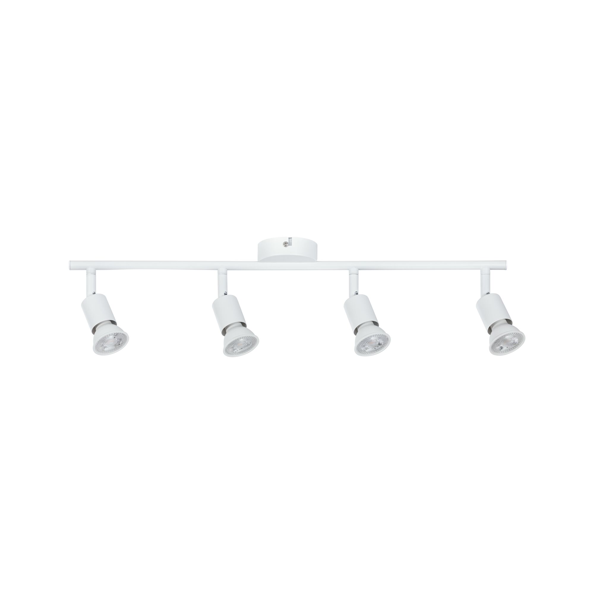 Four-light white metal LED ceiling lamp with adjustable spotlights for living spaces