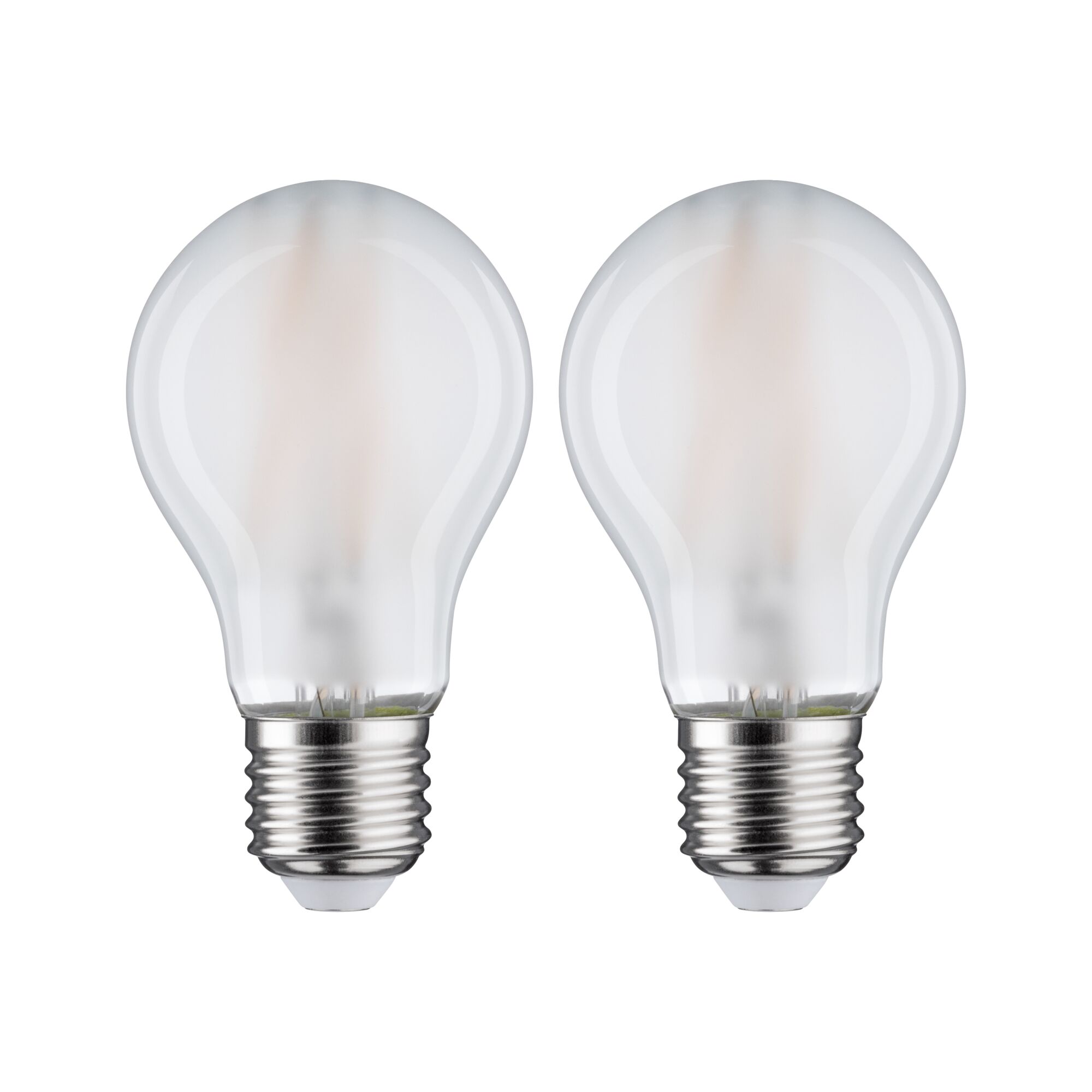 Zwei matte LED-Glühbirnen mit E27-Fassung und klarer Glasoberfläche für energiesparende Beleuchtung