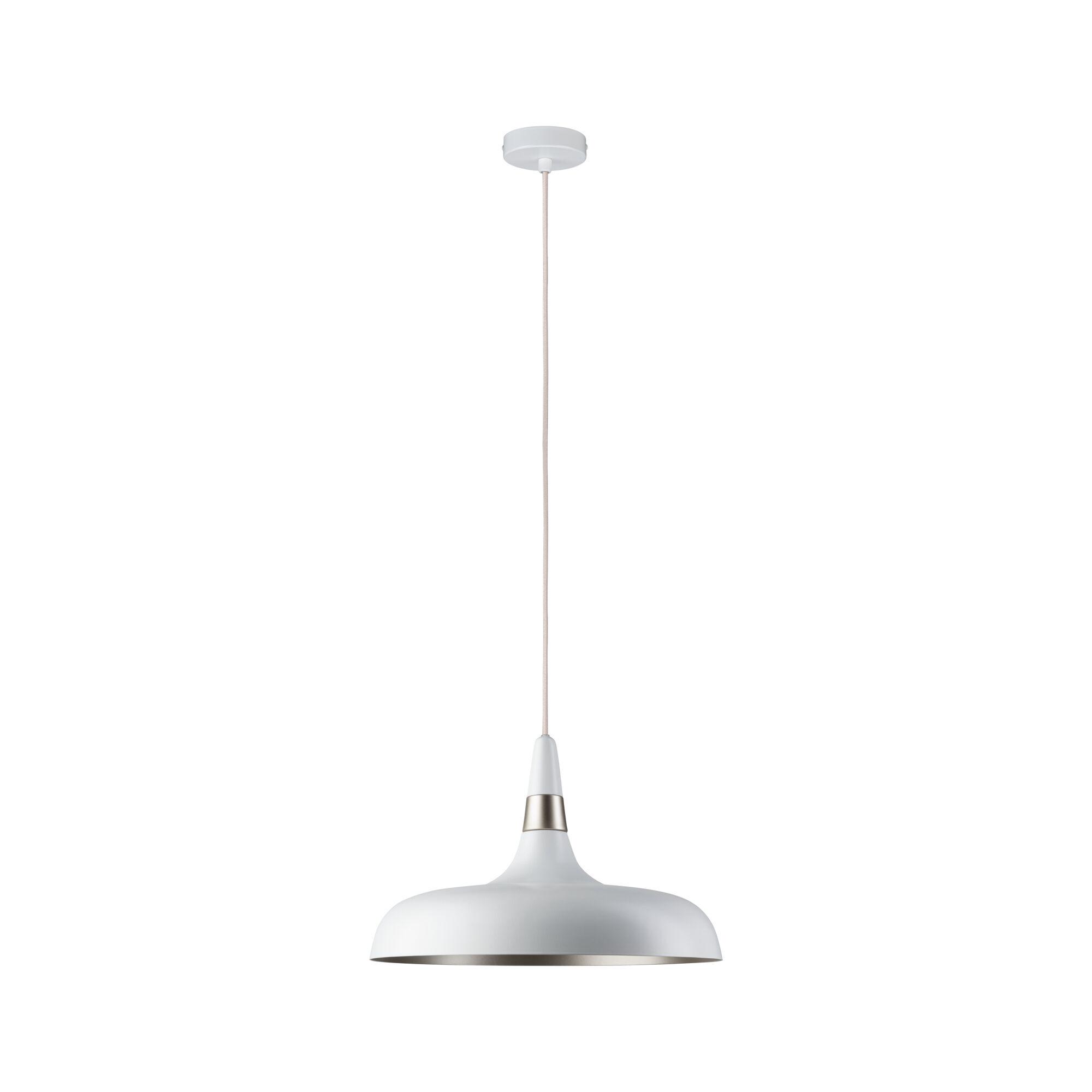 White metal pendant lamp with silver accent and fabric cable for modern interior lighting