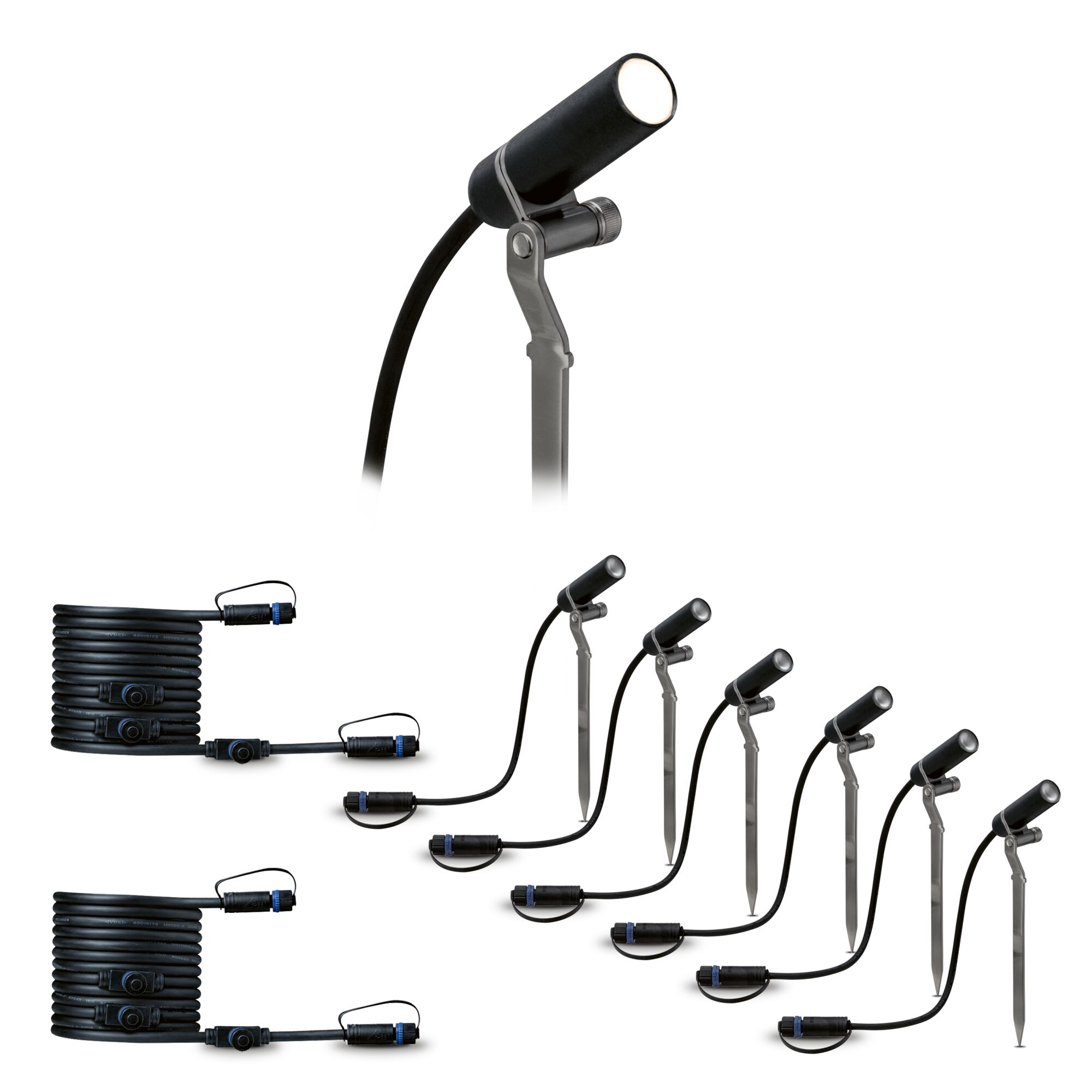 Sechs schwarze LED-Gartenstrahler mit Erdspießen und zwei langen Anschlusskabeln für Außenbeleuchtung.