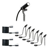 Six black LED garden spotlights with ground stakes and two long connection cables for outdoor lighting.