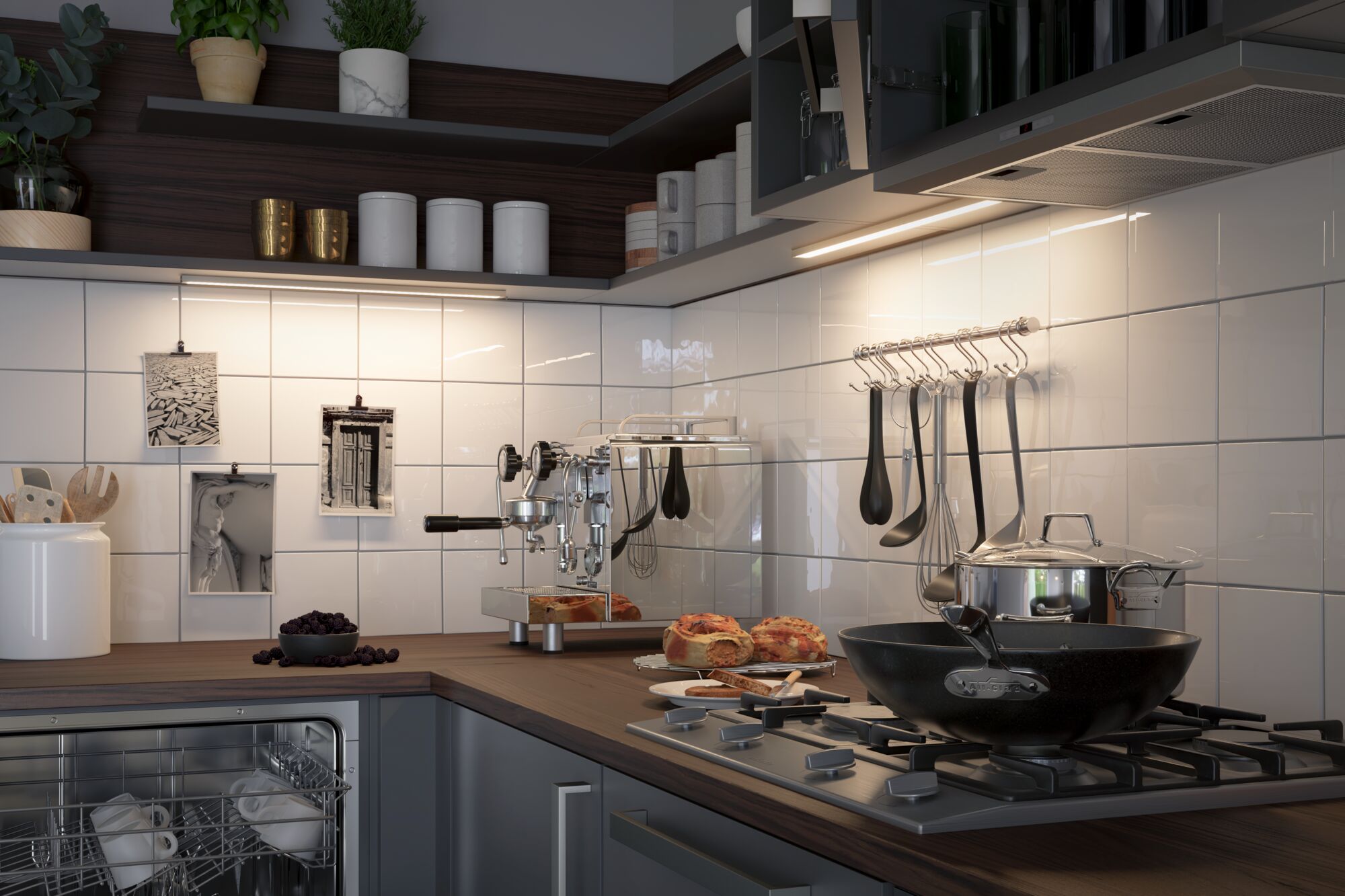 Cuisine moderne avec éclairage LED sous meuble, machine à café en acier inoxydable et poêle noire sur cuisinière à gaz.