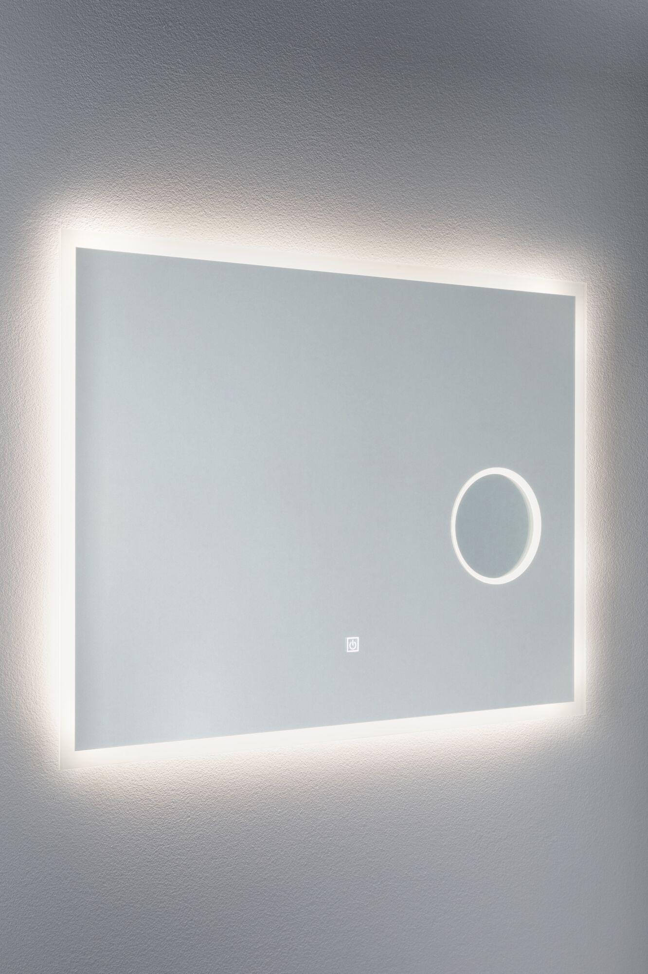 Rectangular LED mirror with white frame and illuminated magnifying glass for modern bathroom lighting
