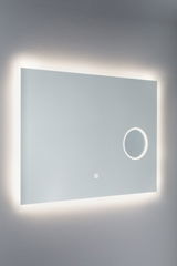 Rectangular LED mirror with white frame and illuminated magnifying glass for modern bathroom lighting