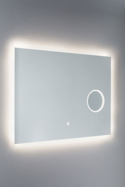 Rectangular LED mirror with white frame and illuminated magnifying glass for modern bathroom lighting