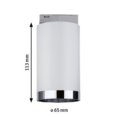 White cylindrical LED ceiling spotlight with chrome ring, 113 mm height, 65 mm diameter, modern indoor lighting