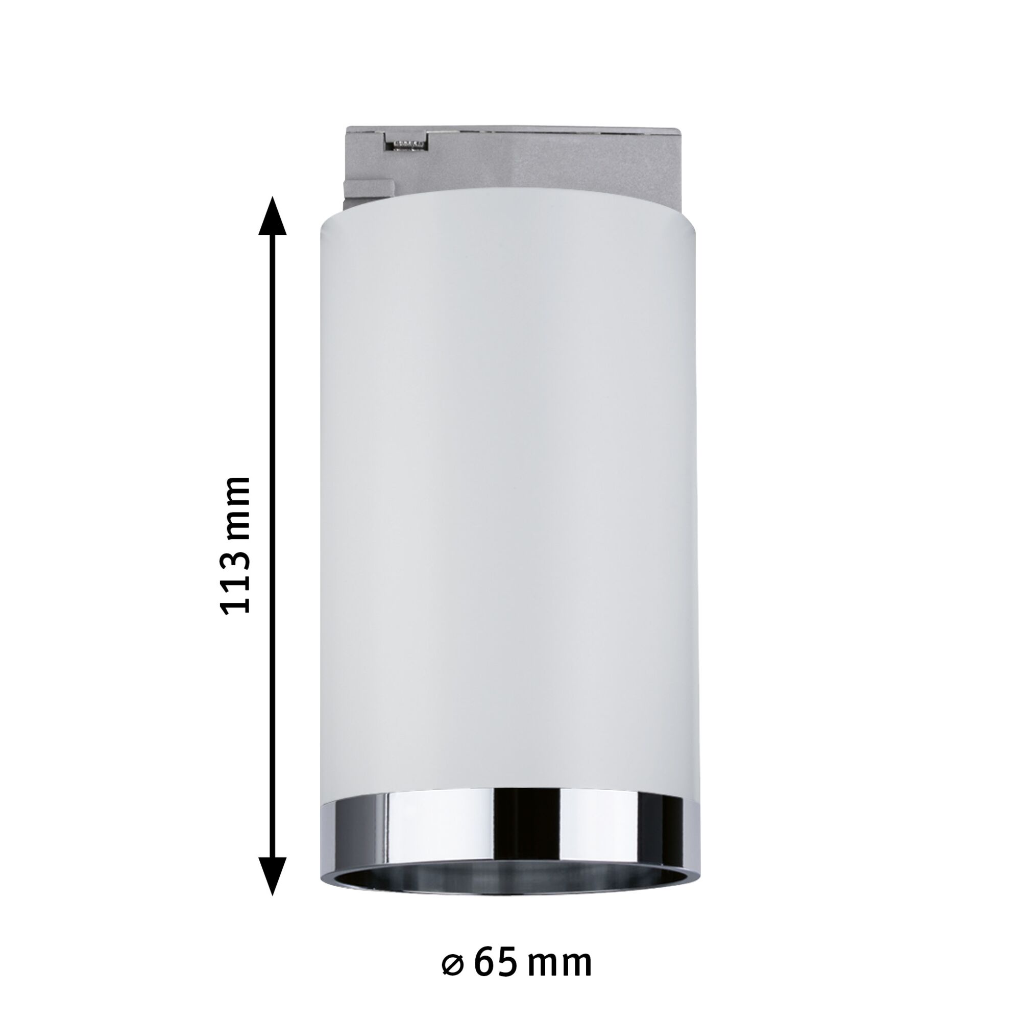 Hvid cylindrisk LED-loftspot med kromring, 113 mm høj, 65 mm i diameter, moderne indendørs belysning